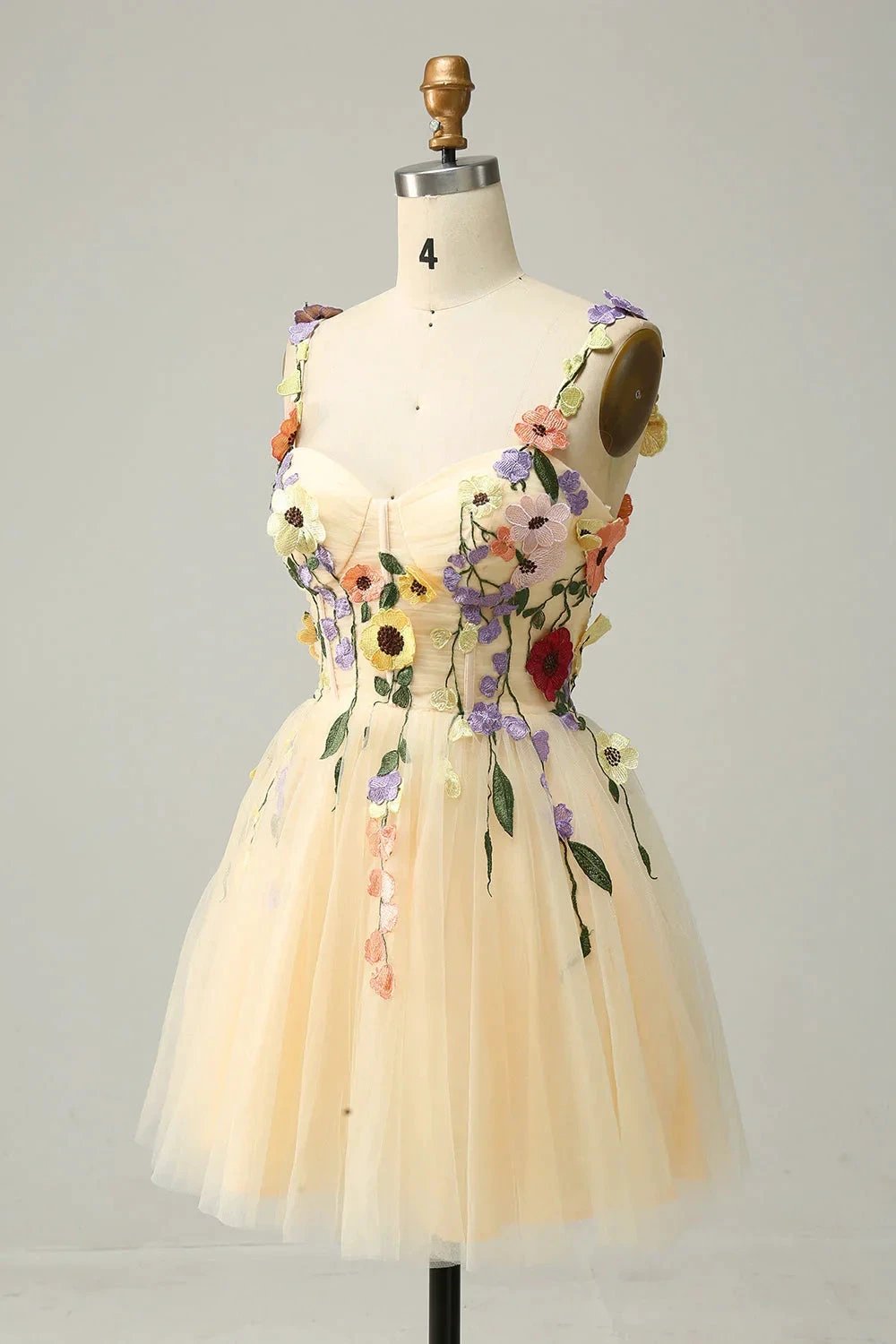 Champagne A Line Spaghetti Straps Short Homecoming Dress with Appliques (ZD11535) - View 3 | VelvetHem