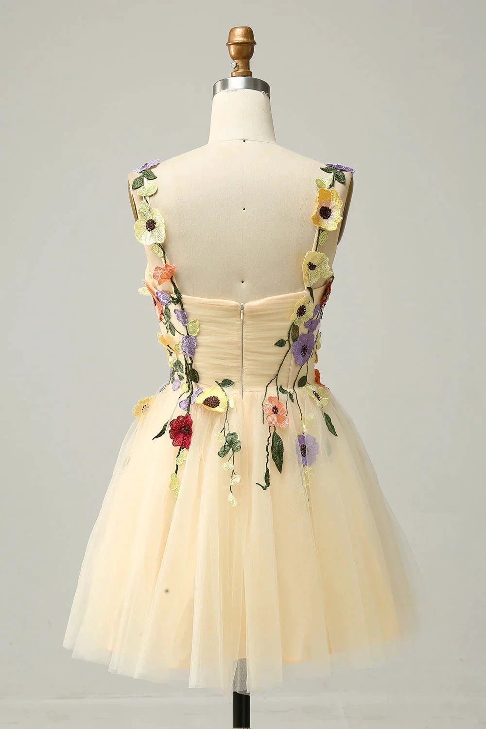 Champagne A Line Spaghetti Straps Short Homecoming Dress with Appliques (ZD11535) - View 2 | VelvetHem