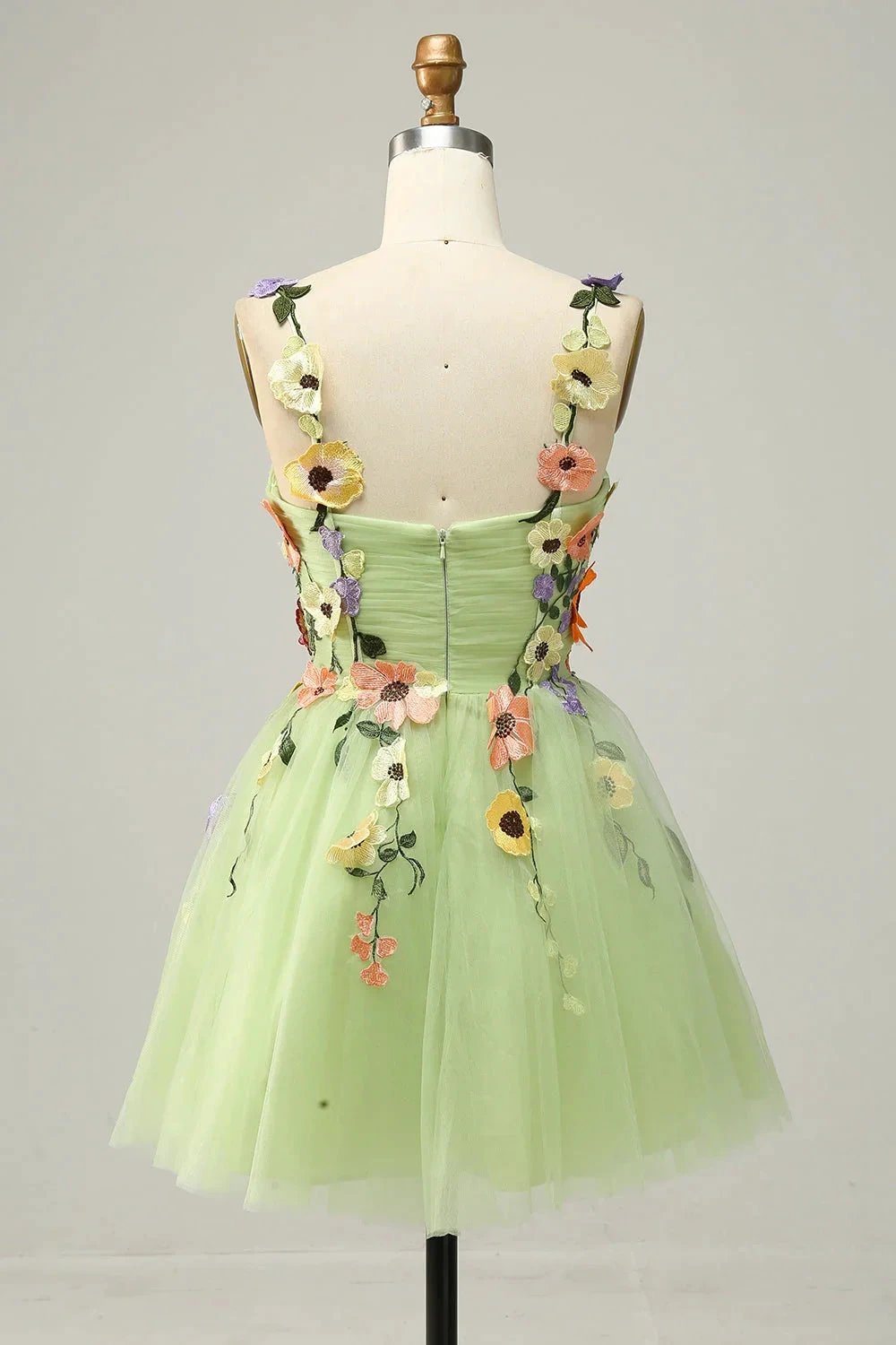 Champagne A Line Spaghetti Straps Short Homecoming Dress with Appliques (ZD11535) - View 9 | VelvetHem