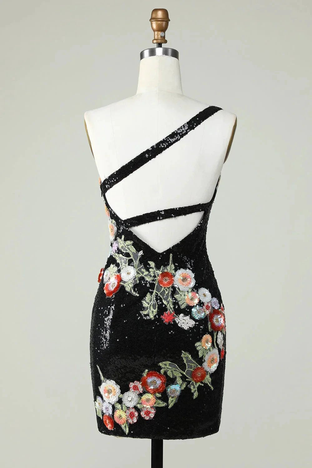Bodycon One Shoulder Black Sequin Beading Homecoming Dress with 3d Flowers (ZD11539)