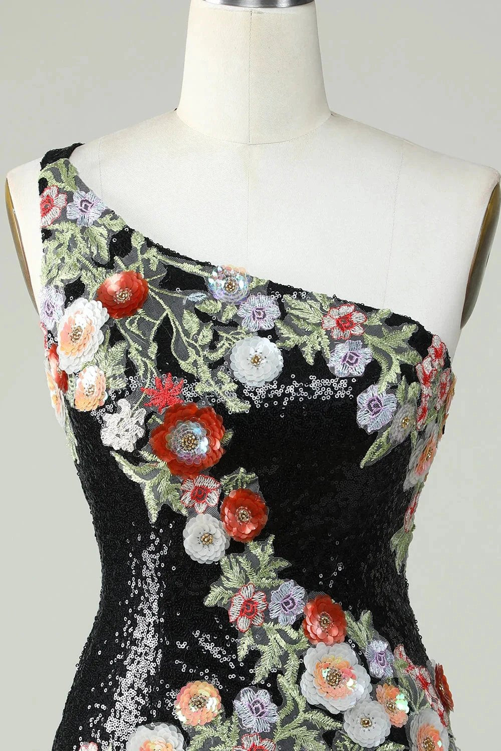Bodycon One Shoulder Black Sequin Beading Homecoming Dress with 3d Flowers (ZD11539)
