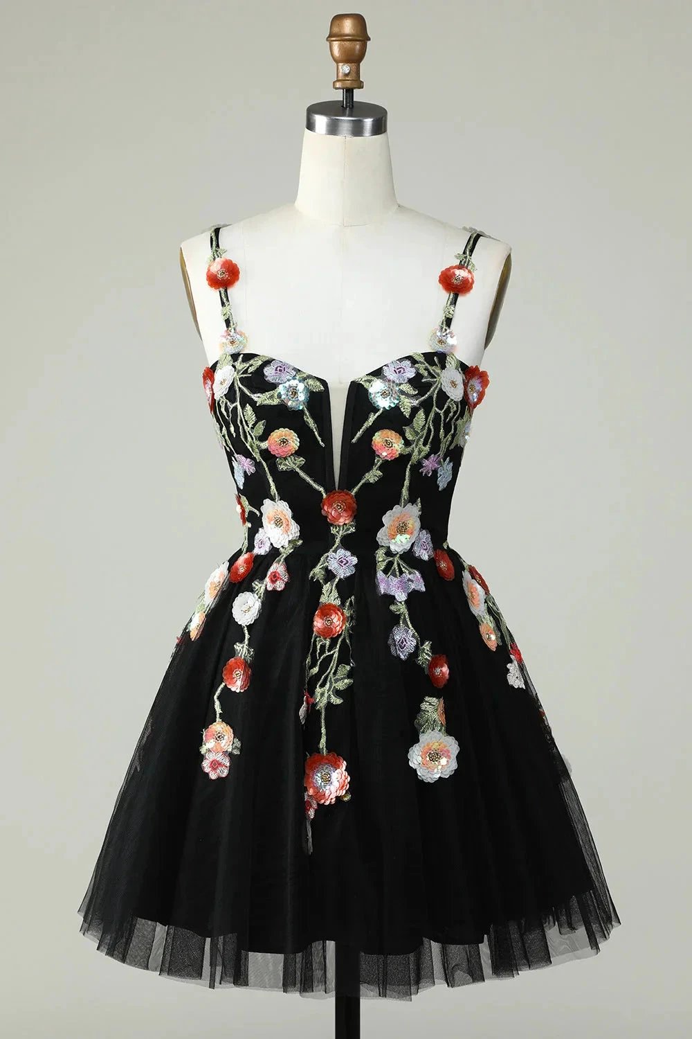 Black A Line Spaghetti Straps Sequin Homecoming Dress with Flowers by WEDTREND