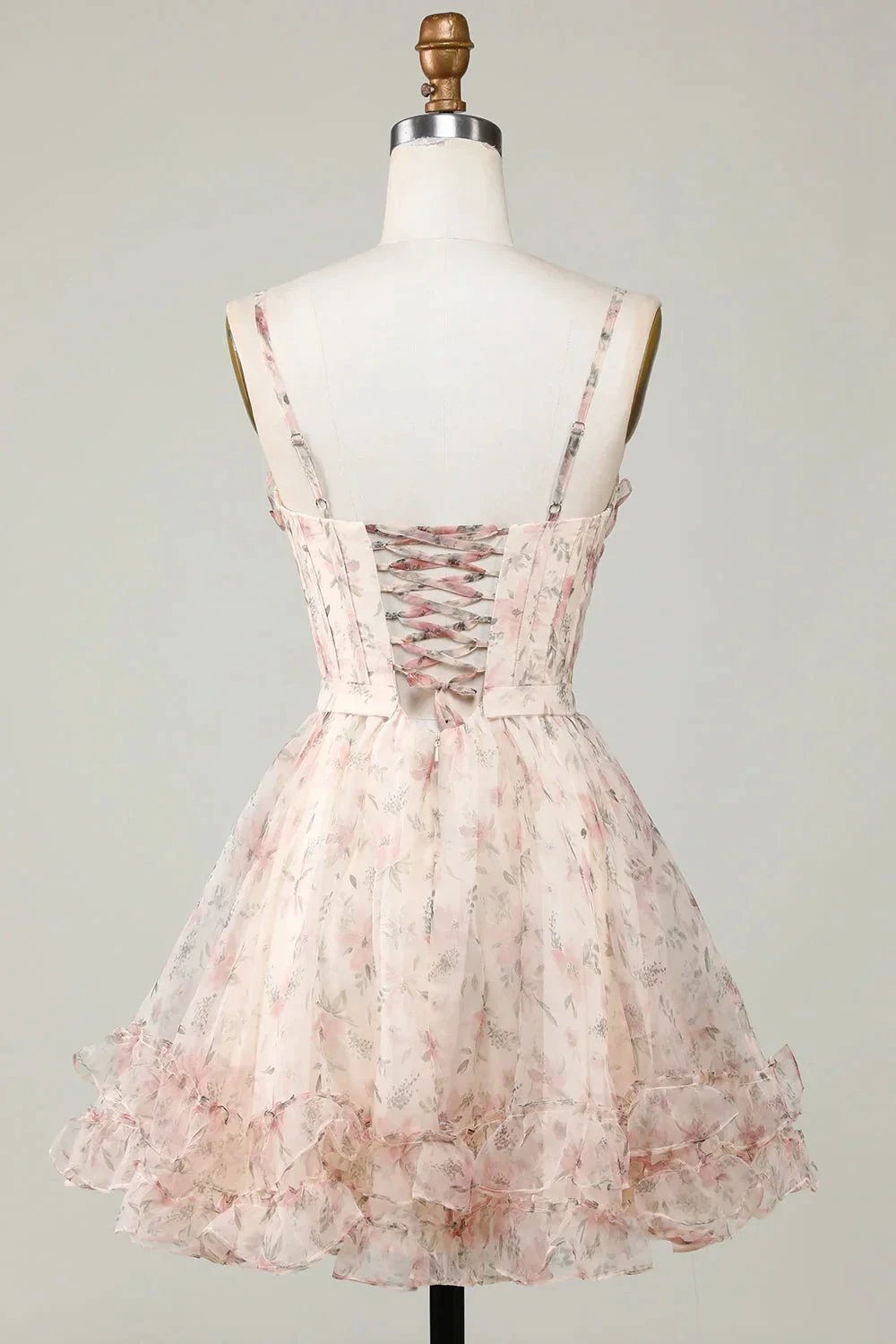 Champagne A-Line Corset Floral Short Homecoming Dress with Lace Up Back (ZD11534) - View 2 | VelvetHem