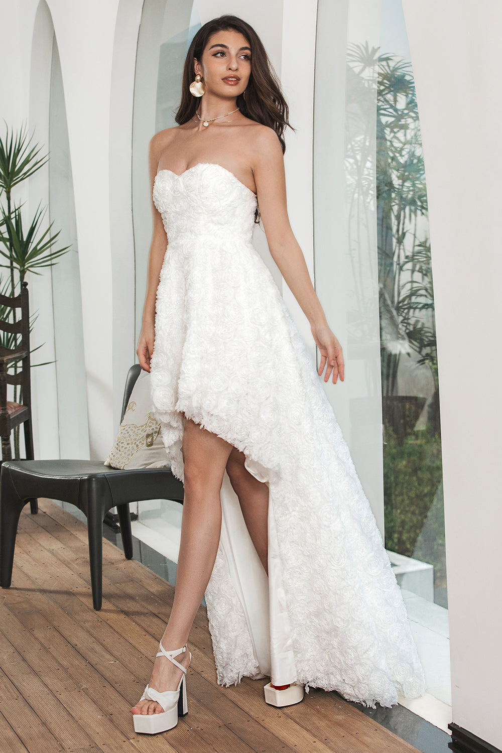 White High Low Flower Sweetheart Graduation Party Dress