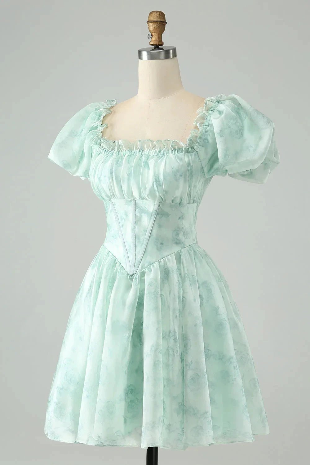 Cute Light Green A Line Square Neck Floral Short Homecoming Dress with Ruffles (ZD11452)