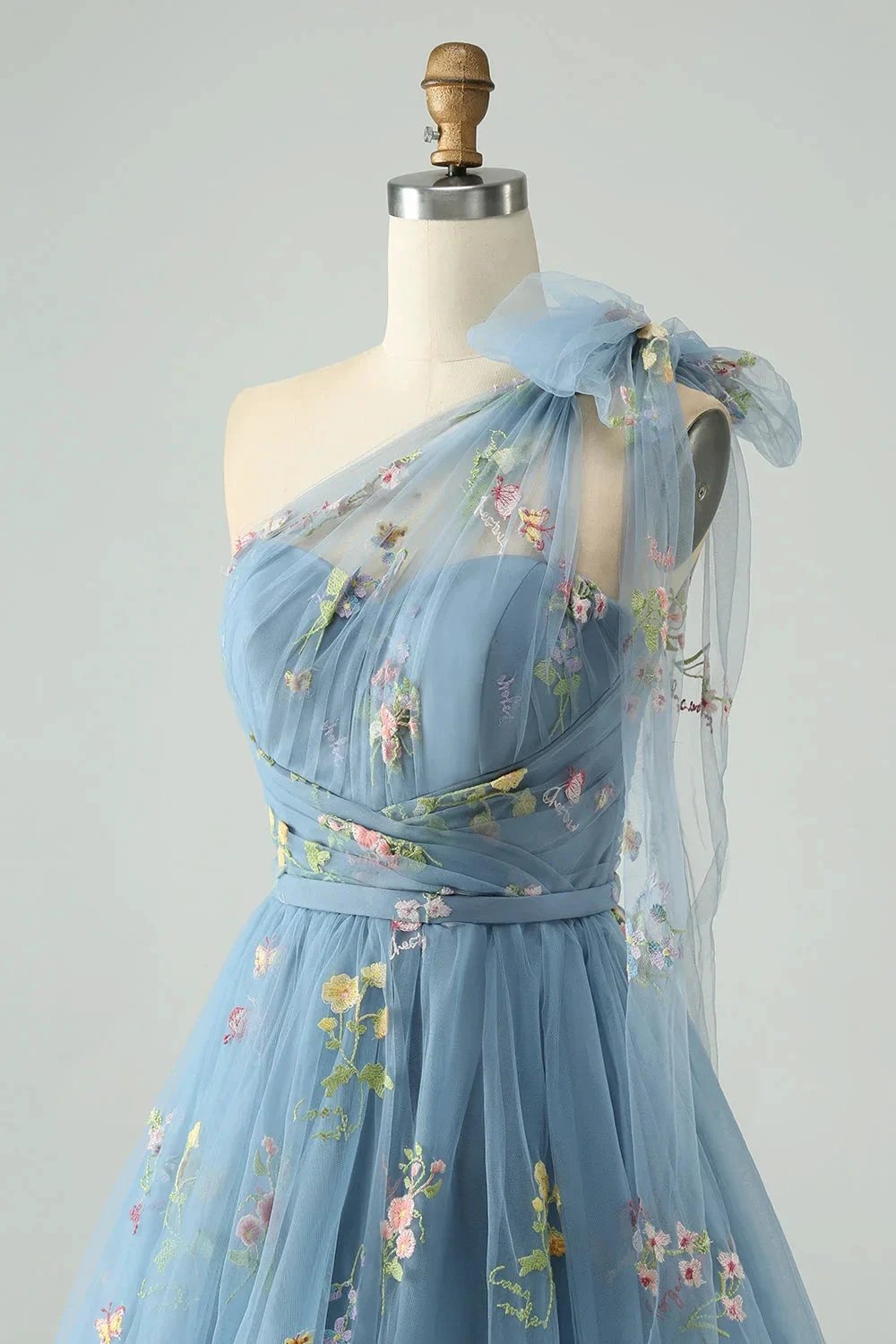 A Line One Shoulder Grey Blue Tulle Homecoming Dress with Floral Embroidery (ZD11606)