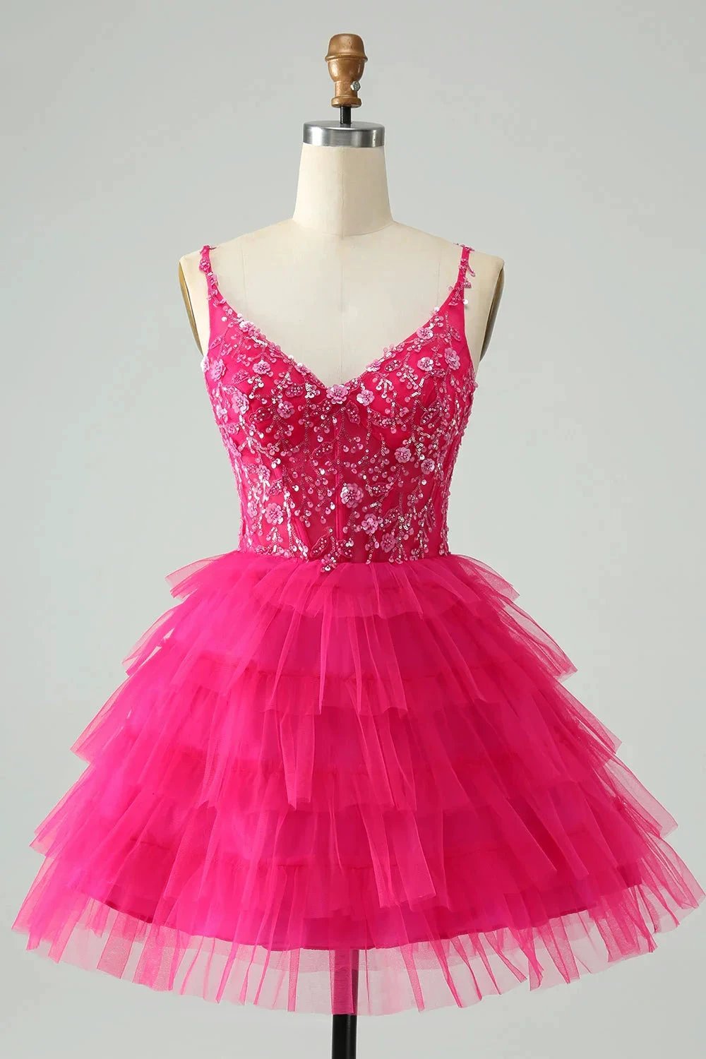 Cute Fuchsia A Line Spaghetti Straps Tiered Short Homecoming Dress with Sequins by WEDTREND