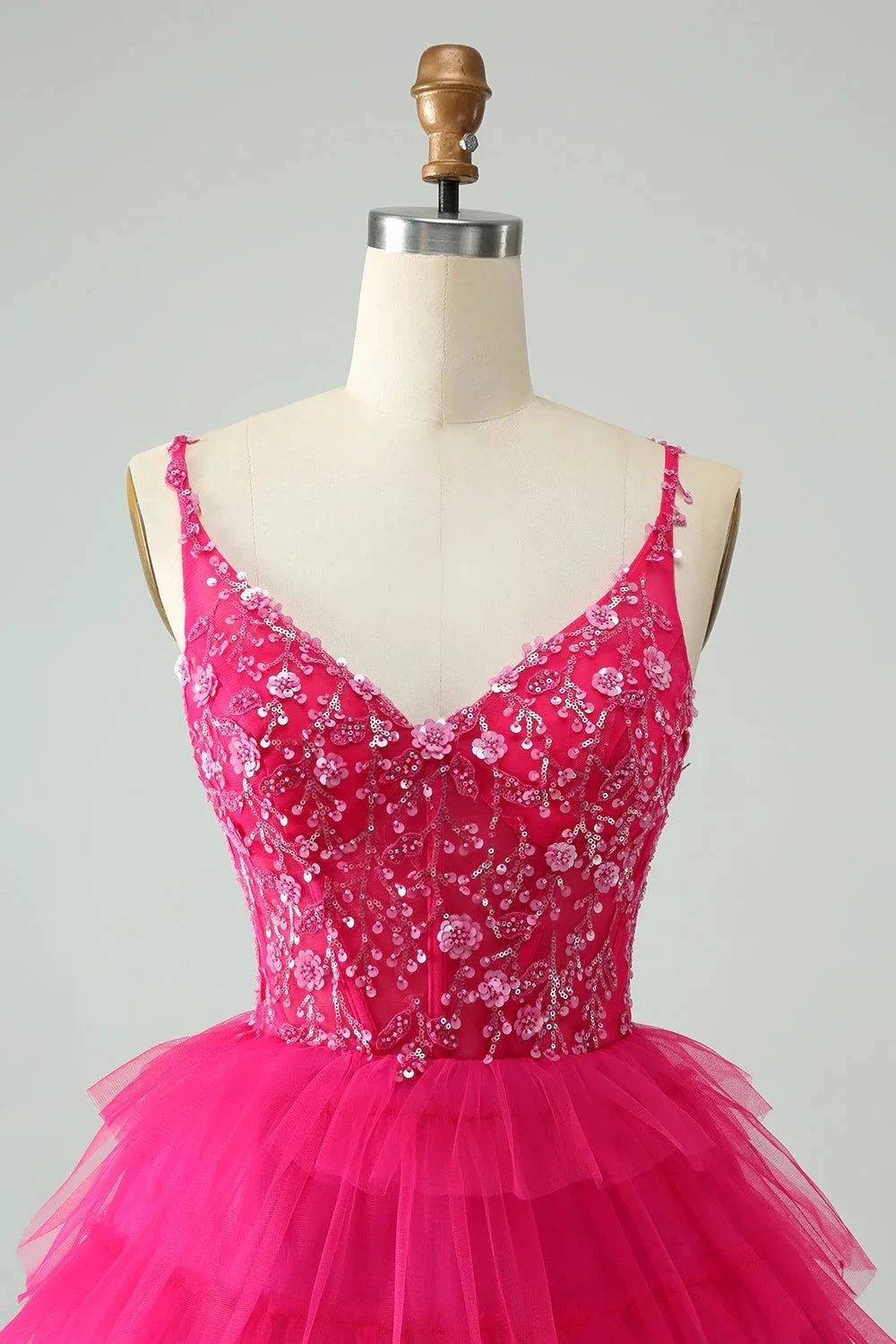 Cute Fuchsia A Line Spaghetti Straps Tiered Short Homecoming Dress with Sequins (ZD11468)