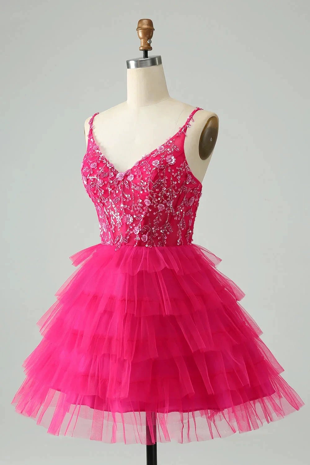 Cute Fuchsia A Line Spaghetti Straps Tiered Short Homecoming Dress with Sequins (ZD11468)