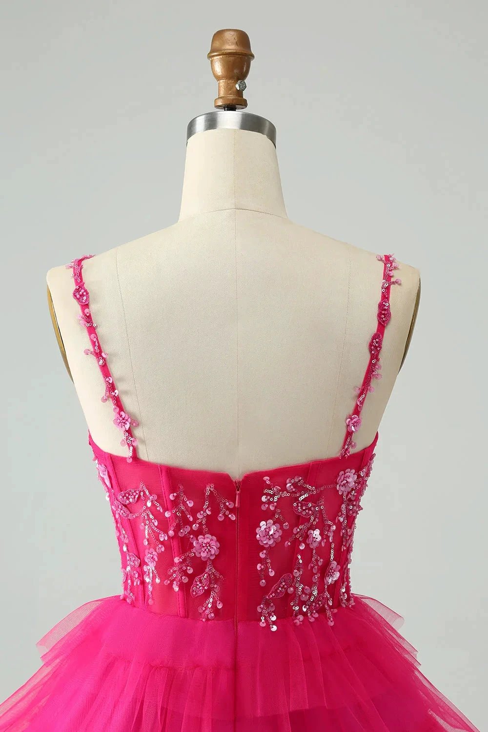 Cute Fuchsia A Line Spaghetti Straps Tiered Short Homecoming Dress with Sequins (ZD11468)