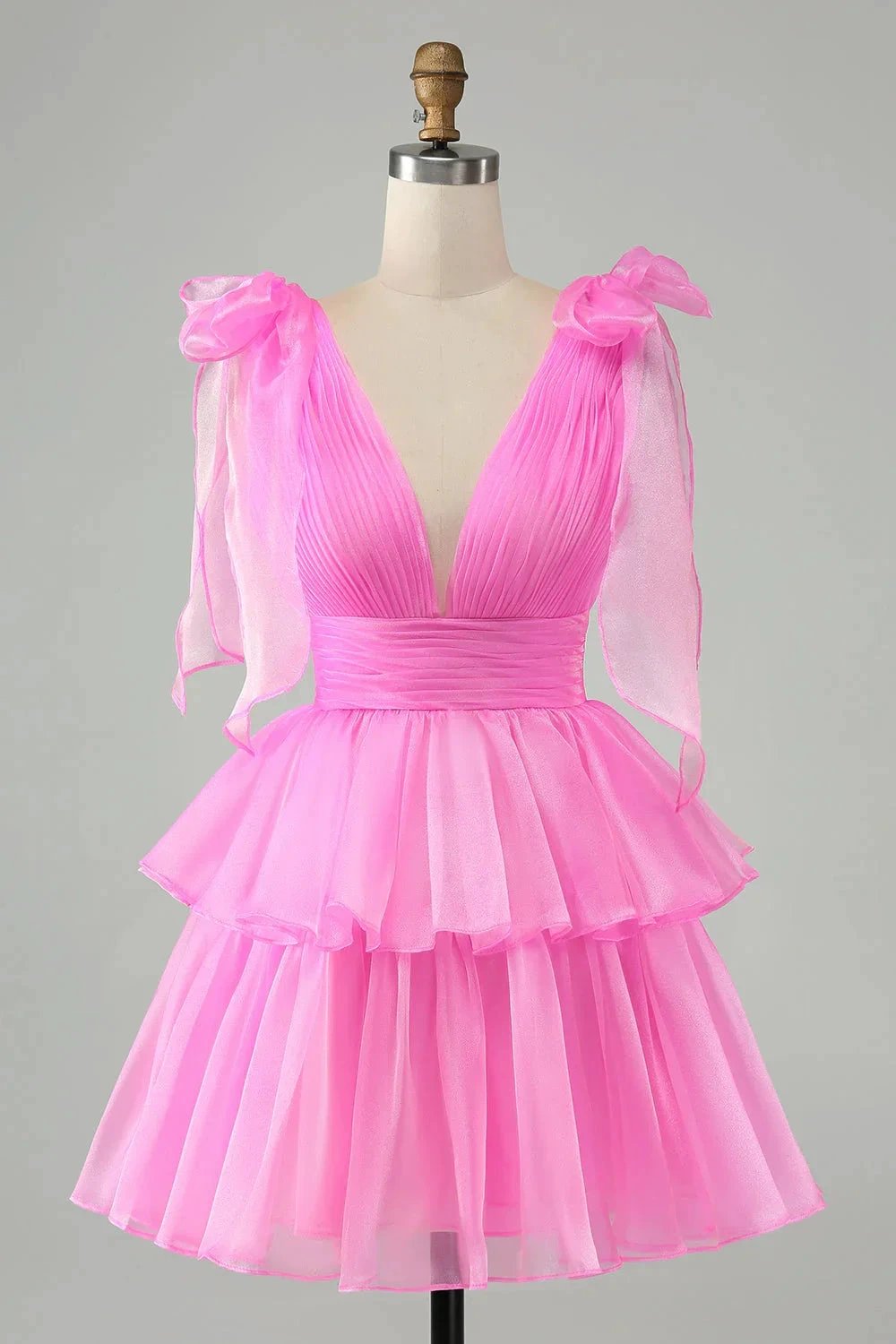 Cute Hot Pink A Line V Neck Backless Pleated Tiered Short Homecoming Dress by WEDTREND