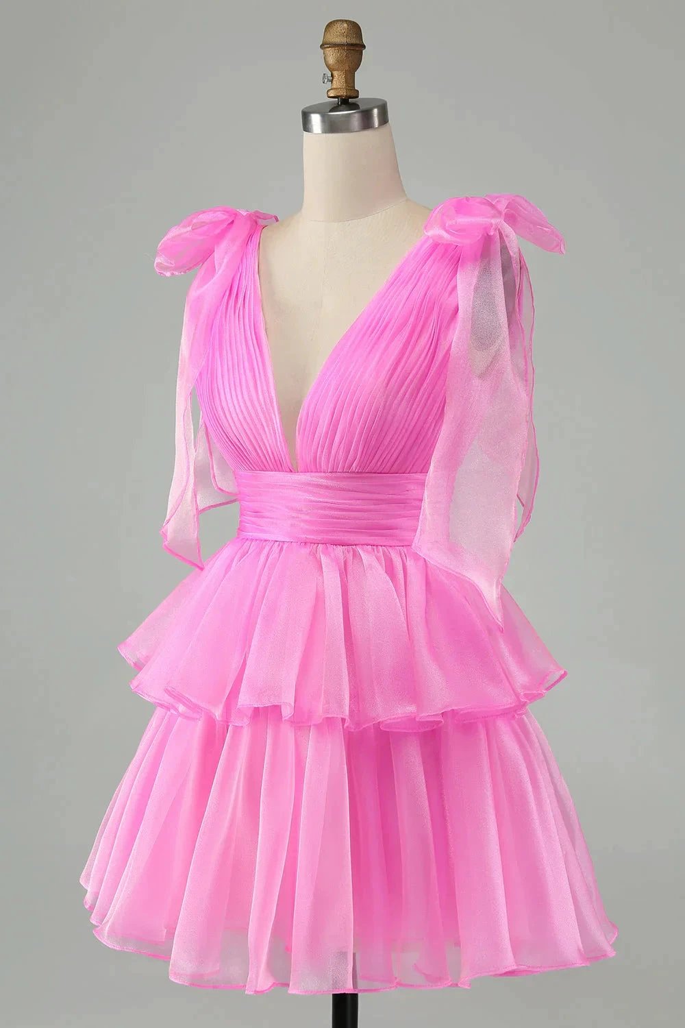 Cute Hot Pink A Line V Neck Backless Pleated Tiered Short Homecoming Dress (ZD11454)