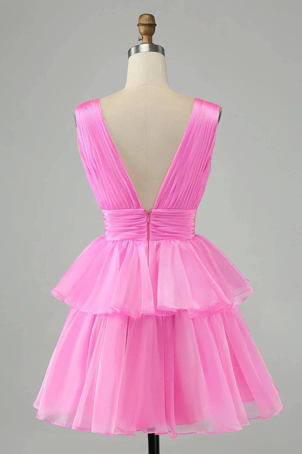 Cute Hot Pink A Line V Neck Backless Pleated Tiered Short Homecoming Dress (ZD11454)