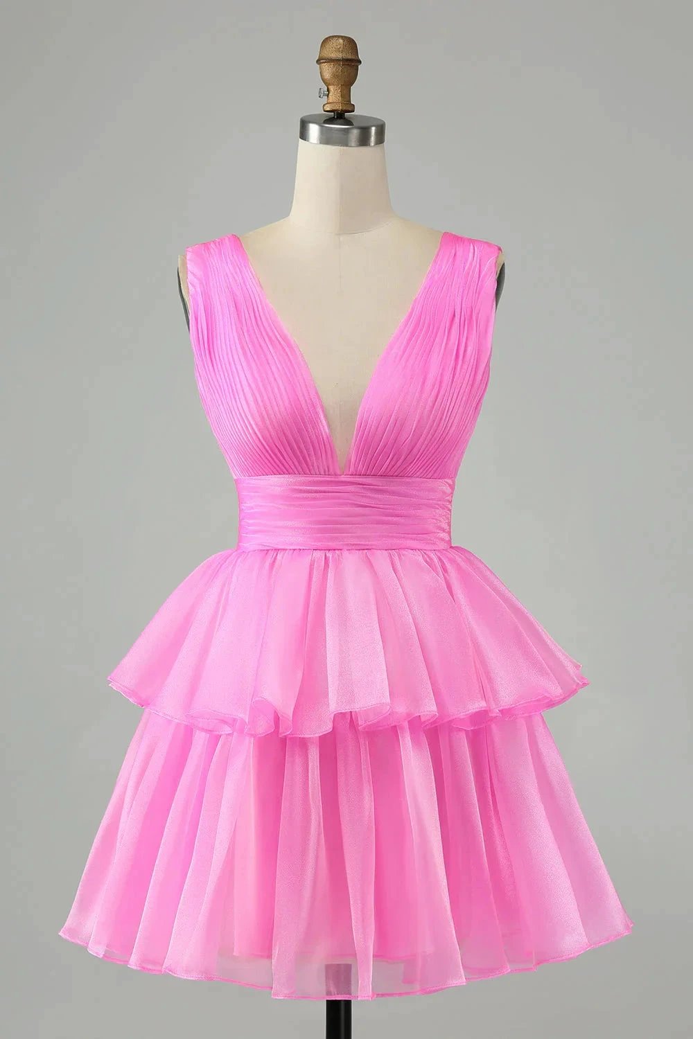 Cute Hot Pink A Line V Neck Backless Pleated Tiered Short Homecoming Dress (ZD11454)