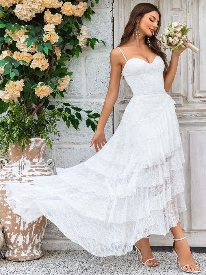 Ivory Lace Asymmetrical Detachable Train Boho Wedding Dress - FashionDia