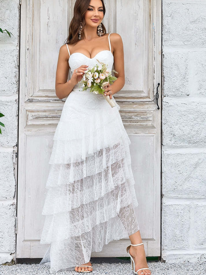 Ivory Lace Asymmetrical Detachable Train Boho Wedding Dress