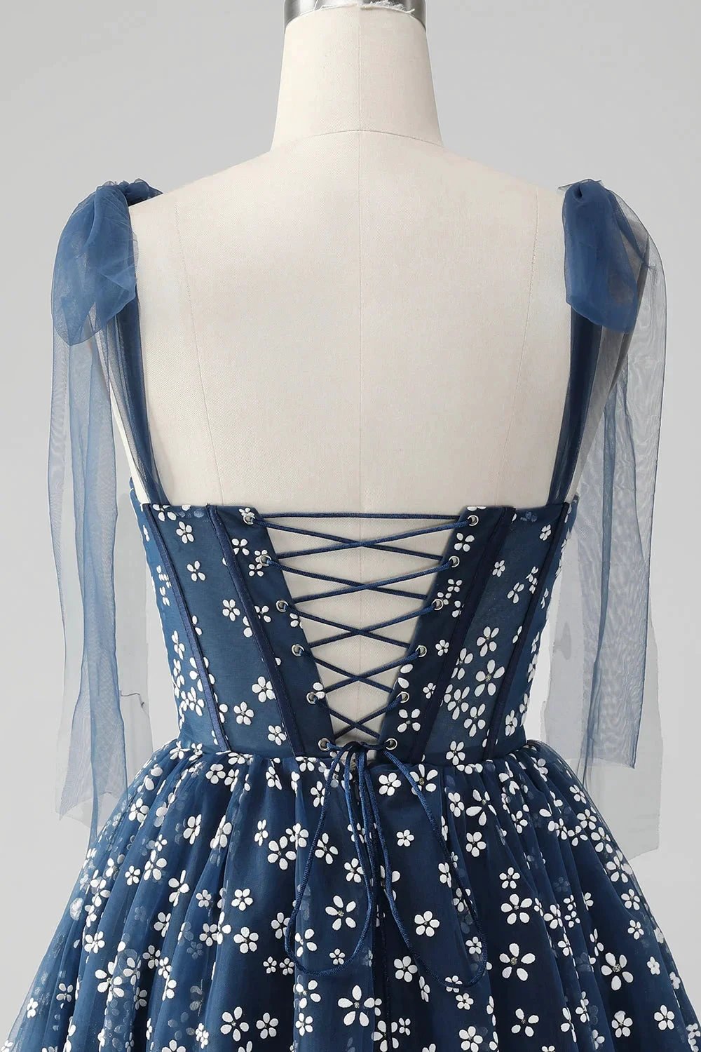 Cute A Line Spaghetti Straps Print Corset Navy Short Homecoming Dress (ZD11488)
