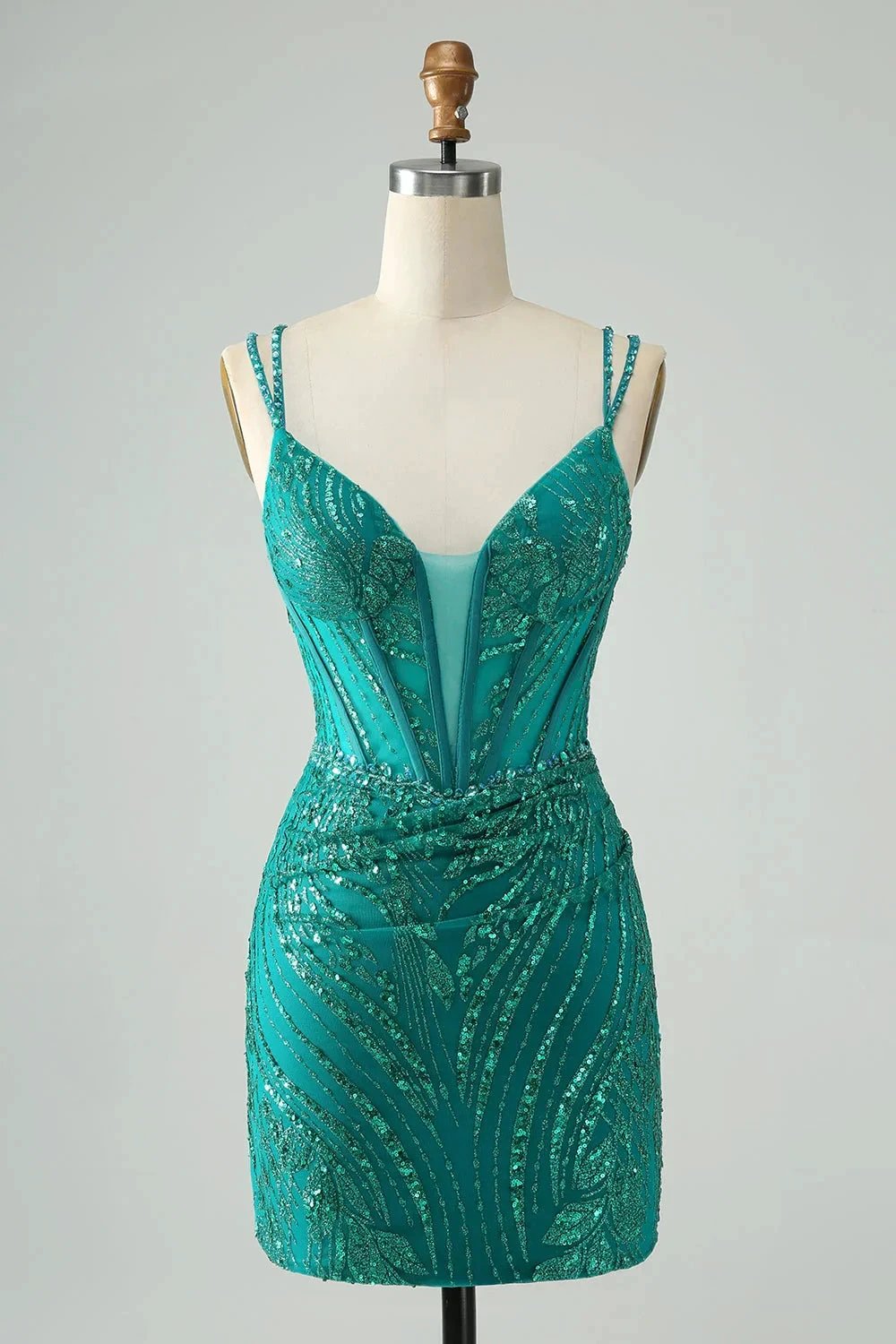 Classy Dark Green Bodycon Spaghetti Straps Corset Sequin Short Homecoming Dress by WEDTREND