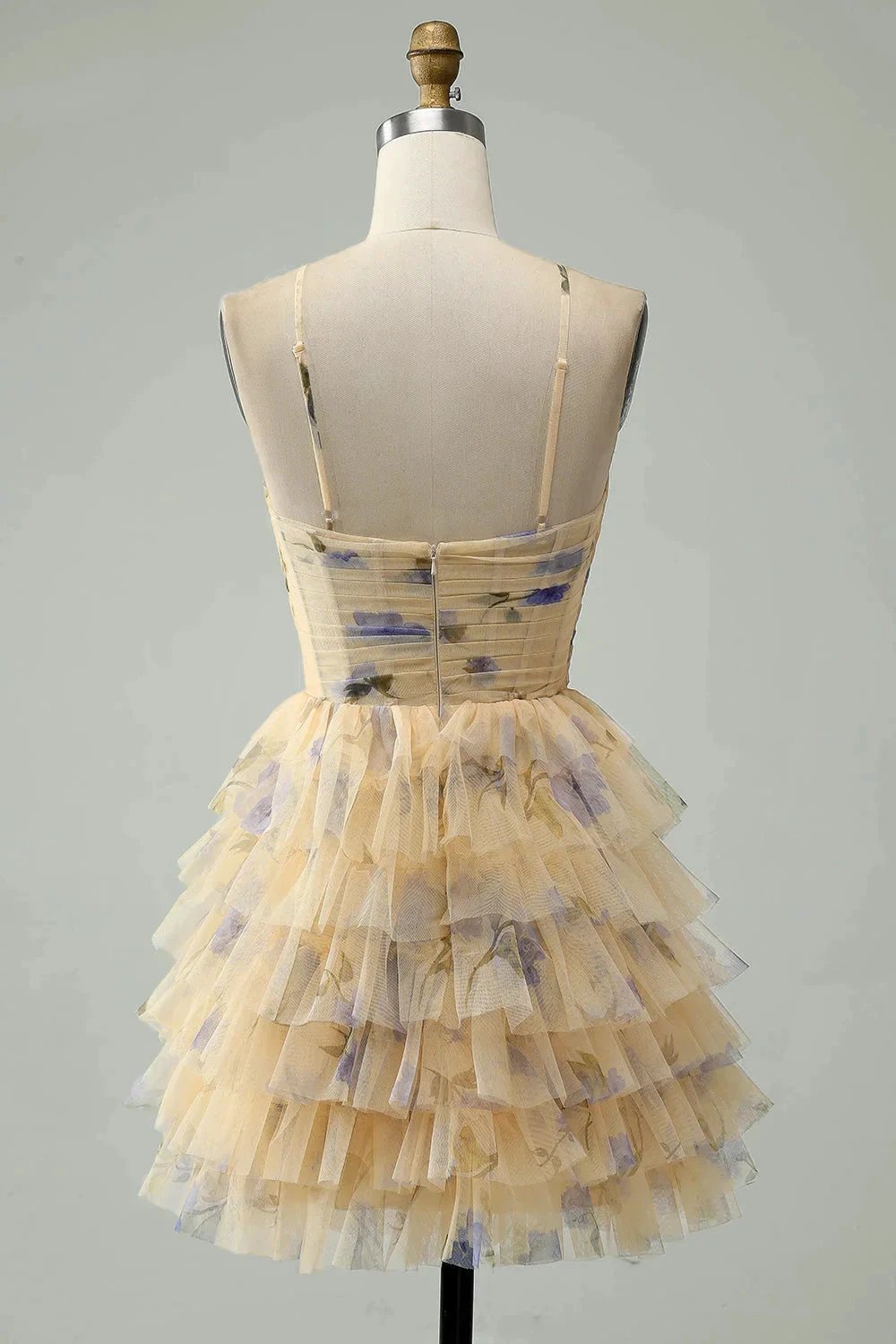 A Line Halter Tiered Print Short Yellow Flower Homecoming Dress (ZD11599)