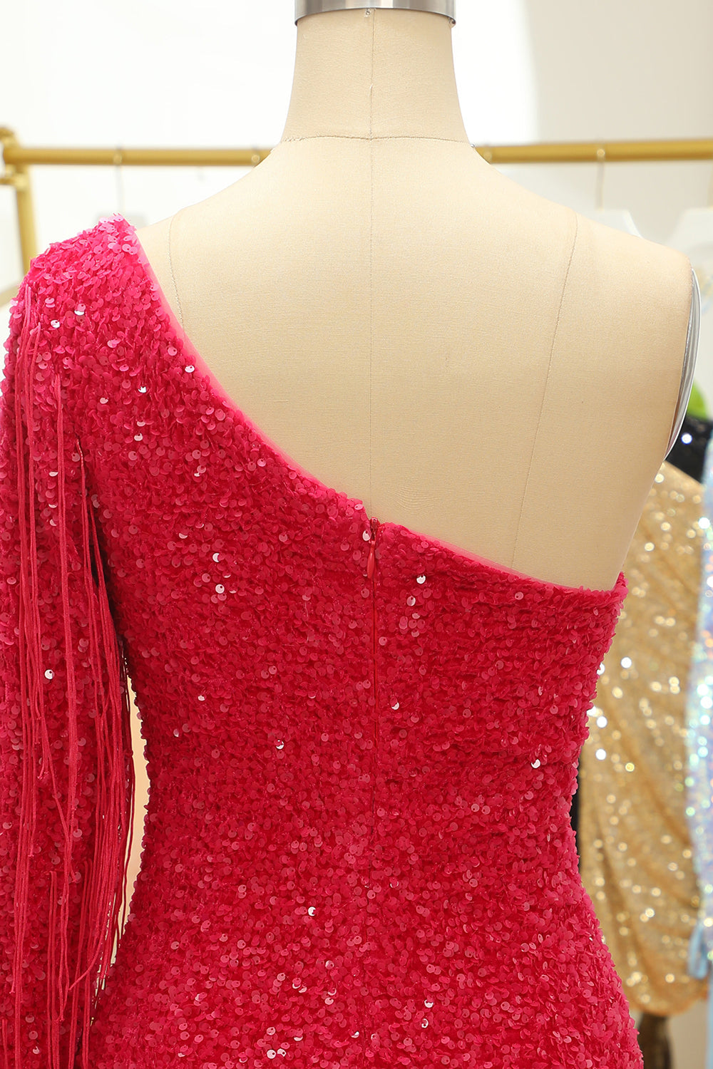 Fuchsia One Shoulder Sequined Tight Homecoming Dress with Fringes
