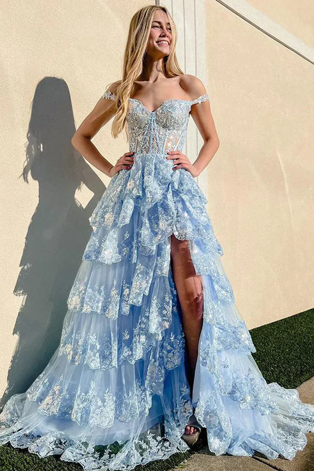 Sparkly Black Off The Shoulder Long Tiered Corset Prom Dress With Sequin