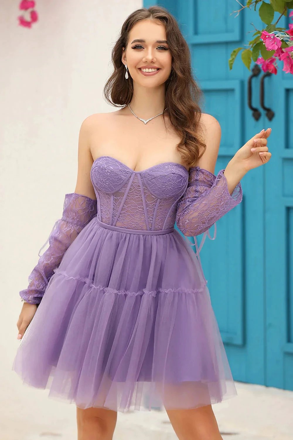 Black A-Line Corset Detachable Long Sleeves Homecoming Dress by WEDTREND