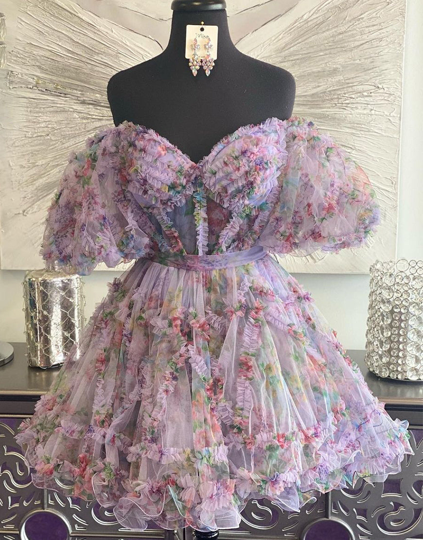 Pretty Fuchsia Puff Sleeves A-Line Short Party Dress