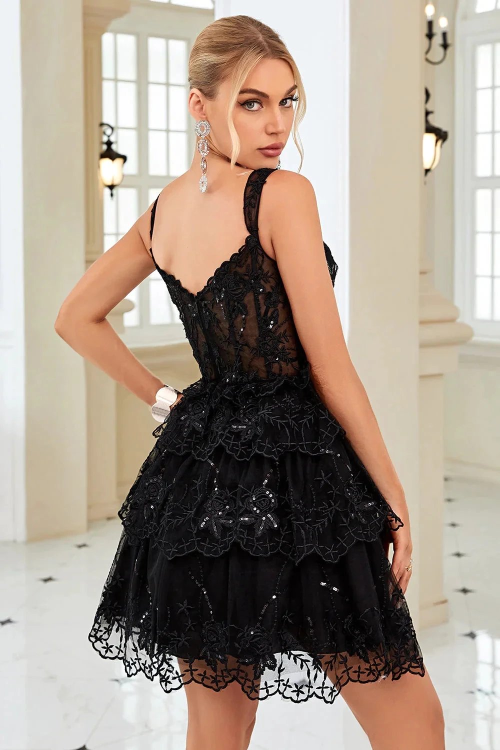 Cute A Line Corset Tiered Short Dark Blue Homecoming Dress with Lace (ZD11491) - View 14 | VelvetHem