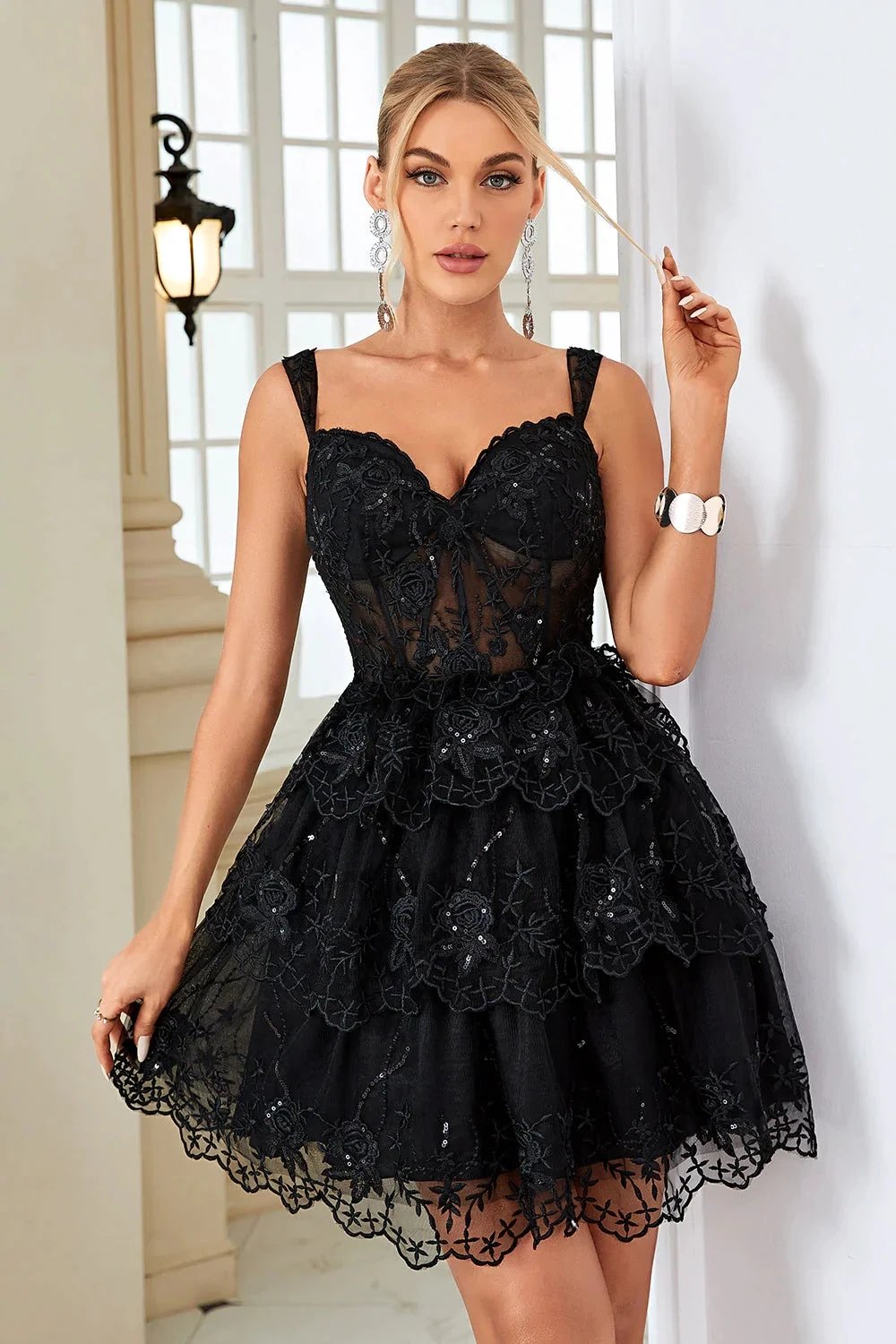 Cute A Line Corset Tiered Short Dark Blue Homecoming Dress with Lace (ZD11491) - View 15 | VelvetHem