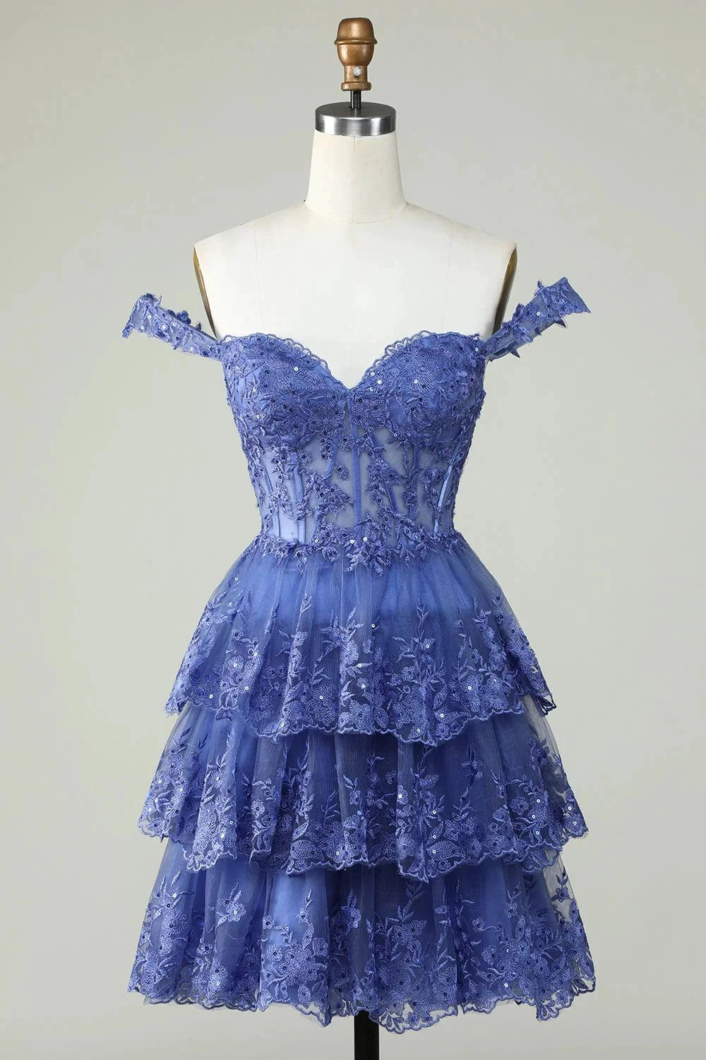 Cute A Line Corset Tiered Short Dark Blue Homecoming Dress with Lace (ZD11491) - VelvetHem