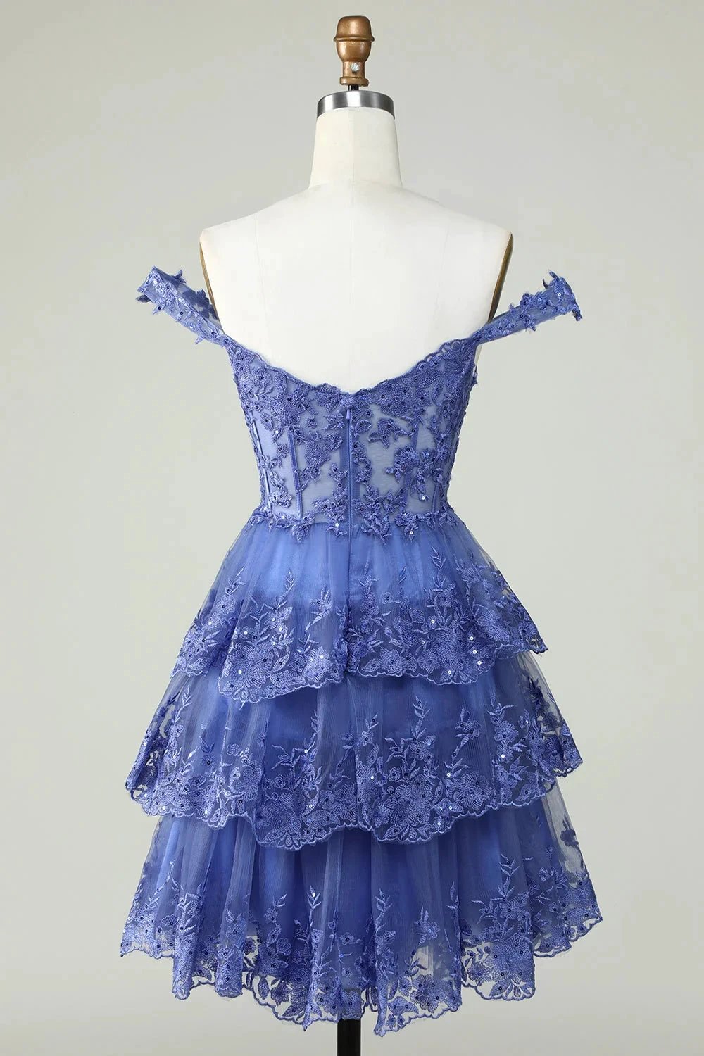 Cute A Line Corset Tiered Short Dark Blue Homecoming Dress with Lace (ZD11491)