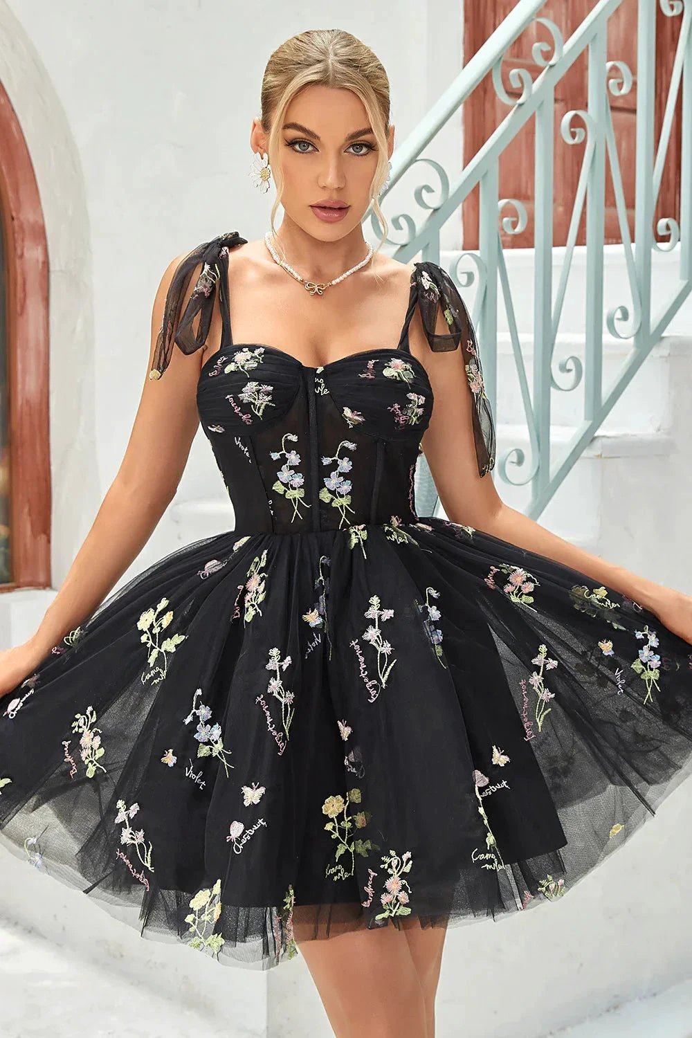 Cute Grey Blue A Line Spaghetti Straps Short Homecoming Dress with Appliques by WEDTREND