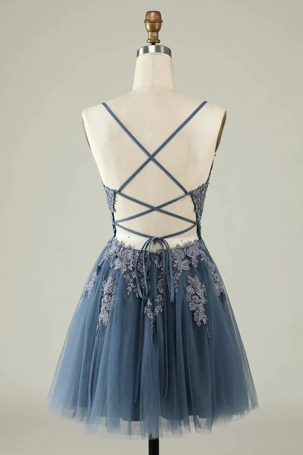 A Line Spaghetti Straps Grey Blue Short Homecoming Dress with Appliques (ZD11595)