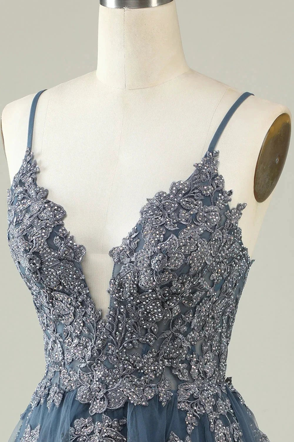 A Line Spaghetti Straps Grey Blue Short Homecoming Dress with Appliques (ZD11595)