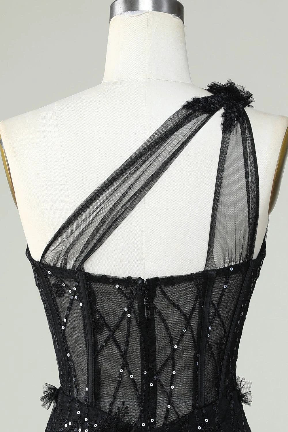 Black Bodycon One Shoulder Corset Short Homecoming Dress with Appliques (ZD11567)