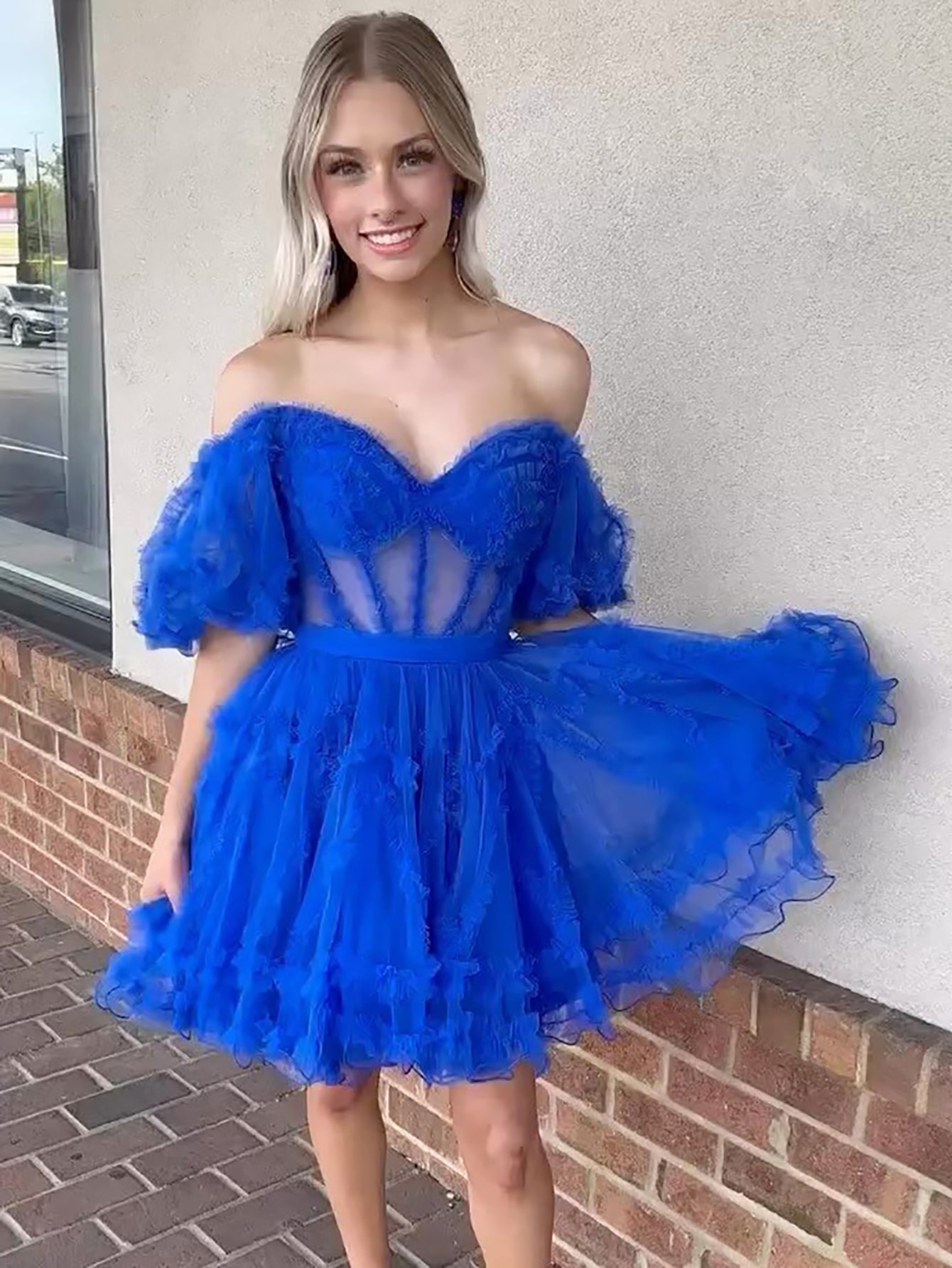 A-Line Blue V Neck Ruffles Short Homecoming Dress - Fashionpara