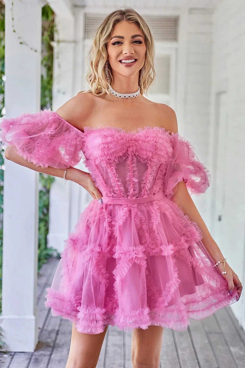 Cute Blush A line Tulle Off The Shoulder Short Homecoming Dress by WEDTREND