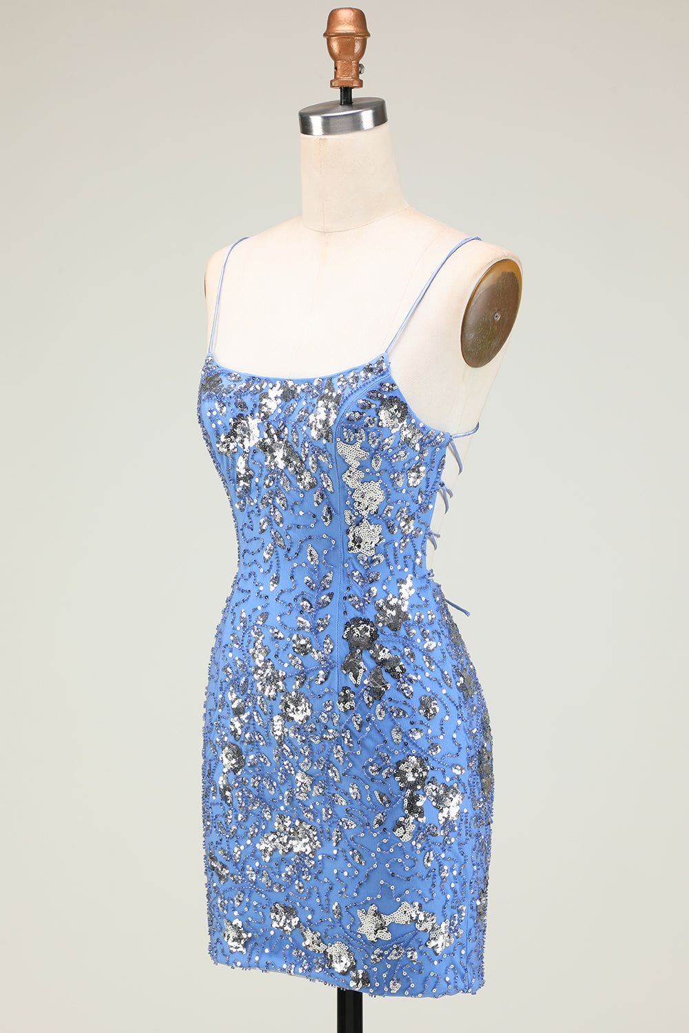 Stylish Bodycon Spaghetti Straps Blue Short Homecoming Dress with Sequins