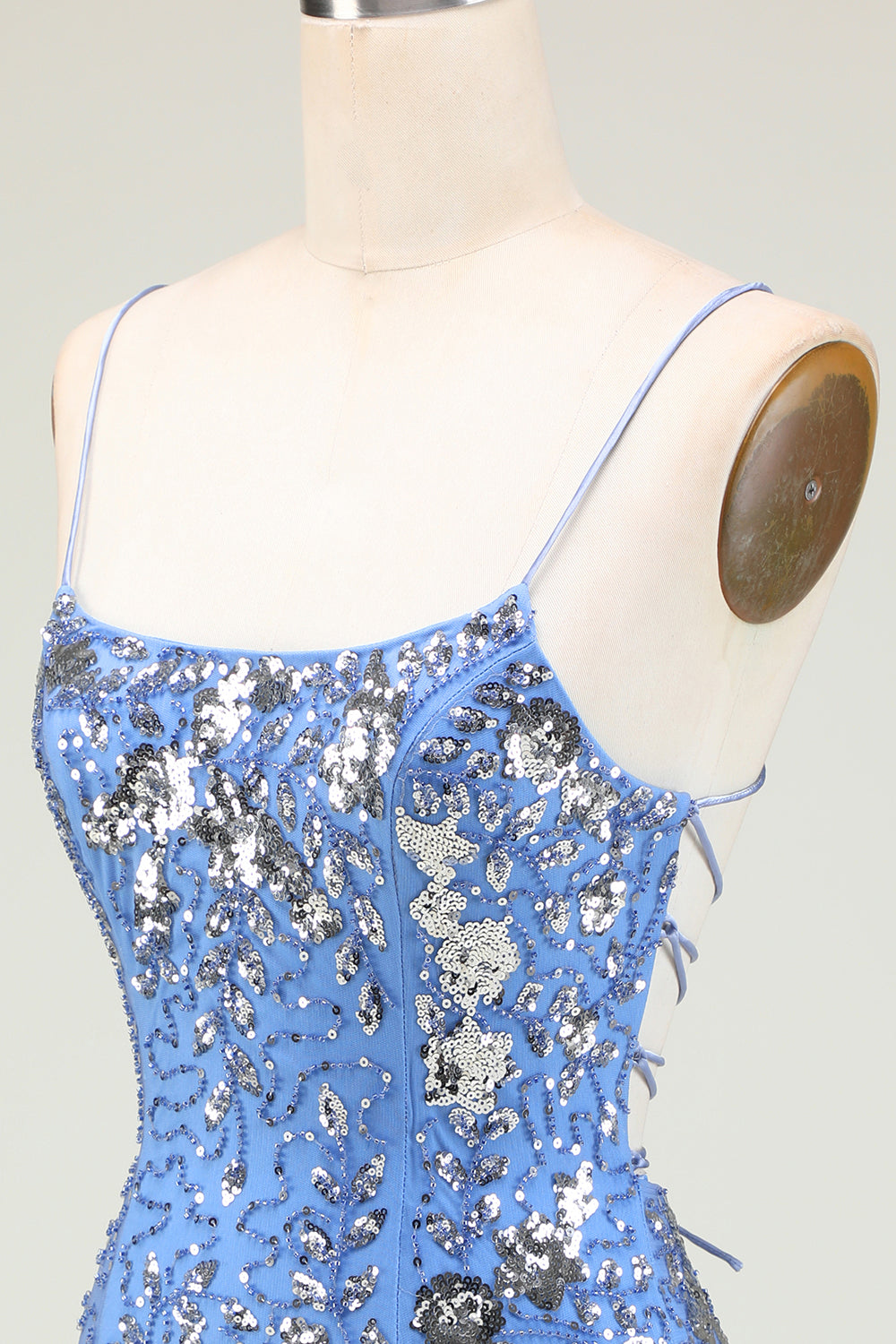 Stylish Bodycon Spaghetti Straps Blue Short Homecoming Dress with Sequins
