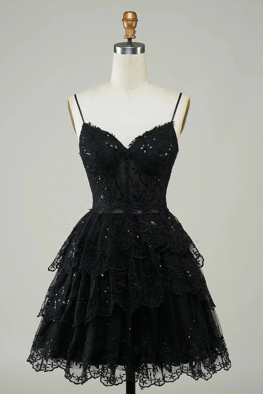 Cute Black A Line Sparkly Sequin Tiered Corset Short Homecoming Dress by WEDTREND