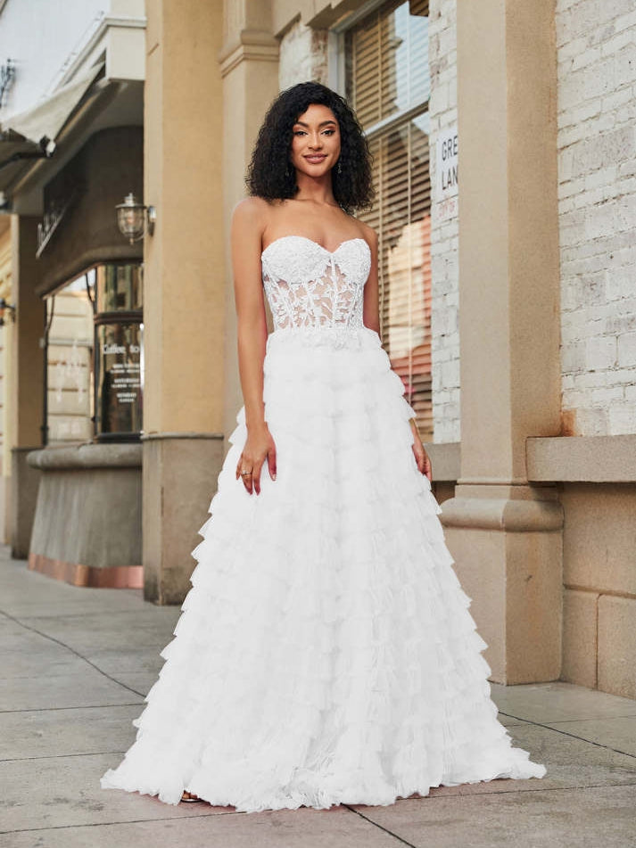 White Corset Ruffled A-Line Wedding Dress with Lace