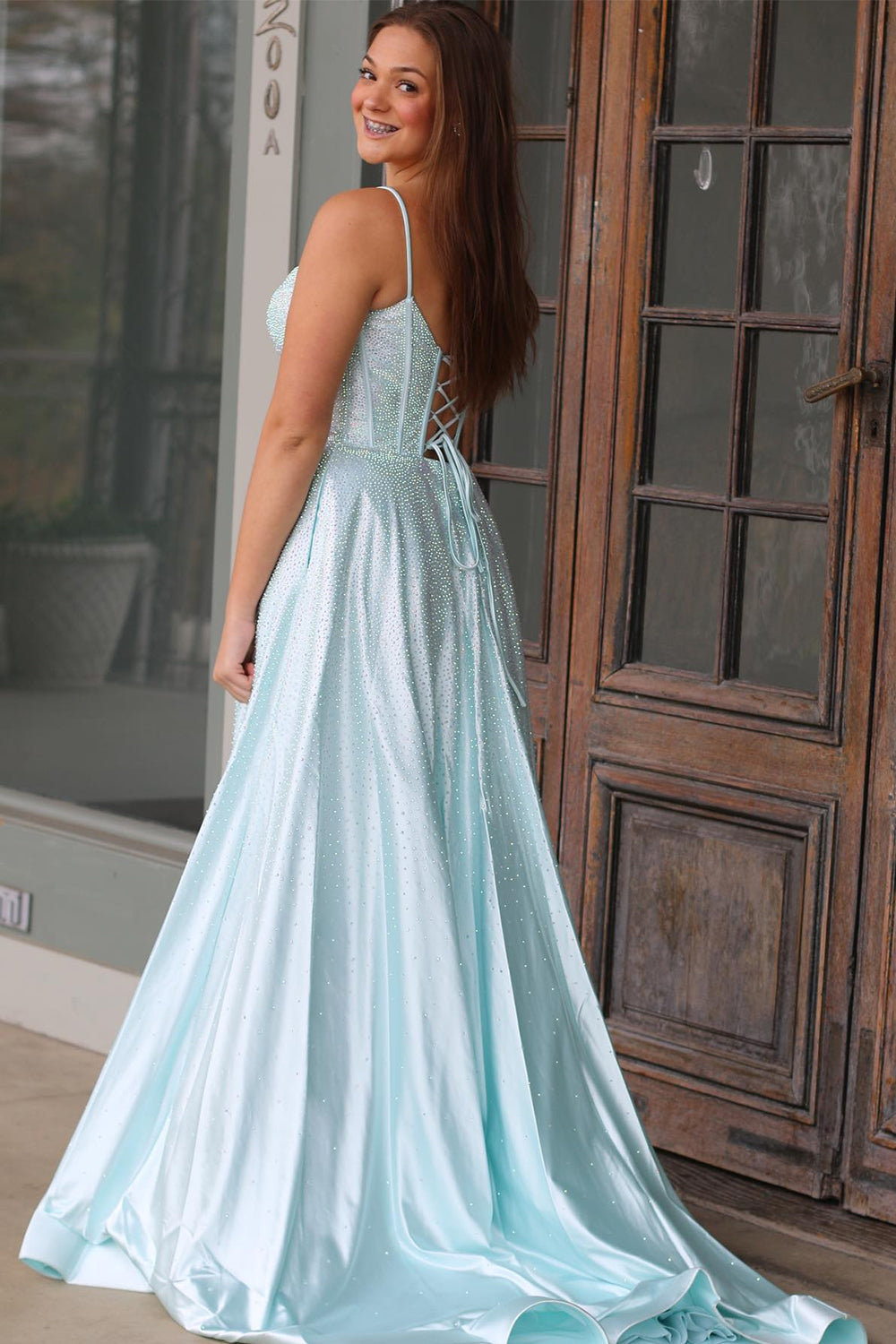 Lilac Glitter A-Line Spaghetti Straps Long Beaded Prom Dress with Slit