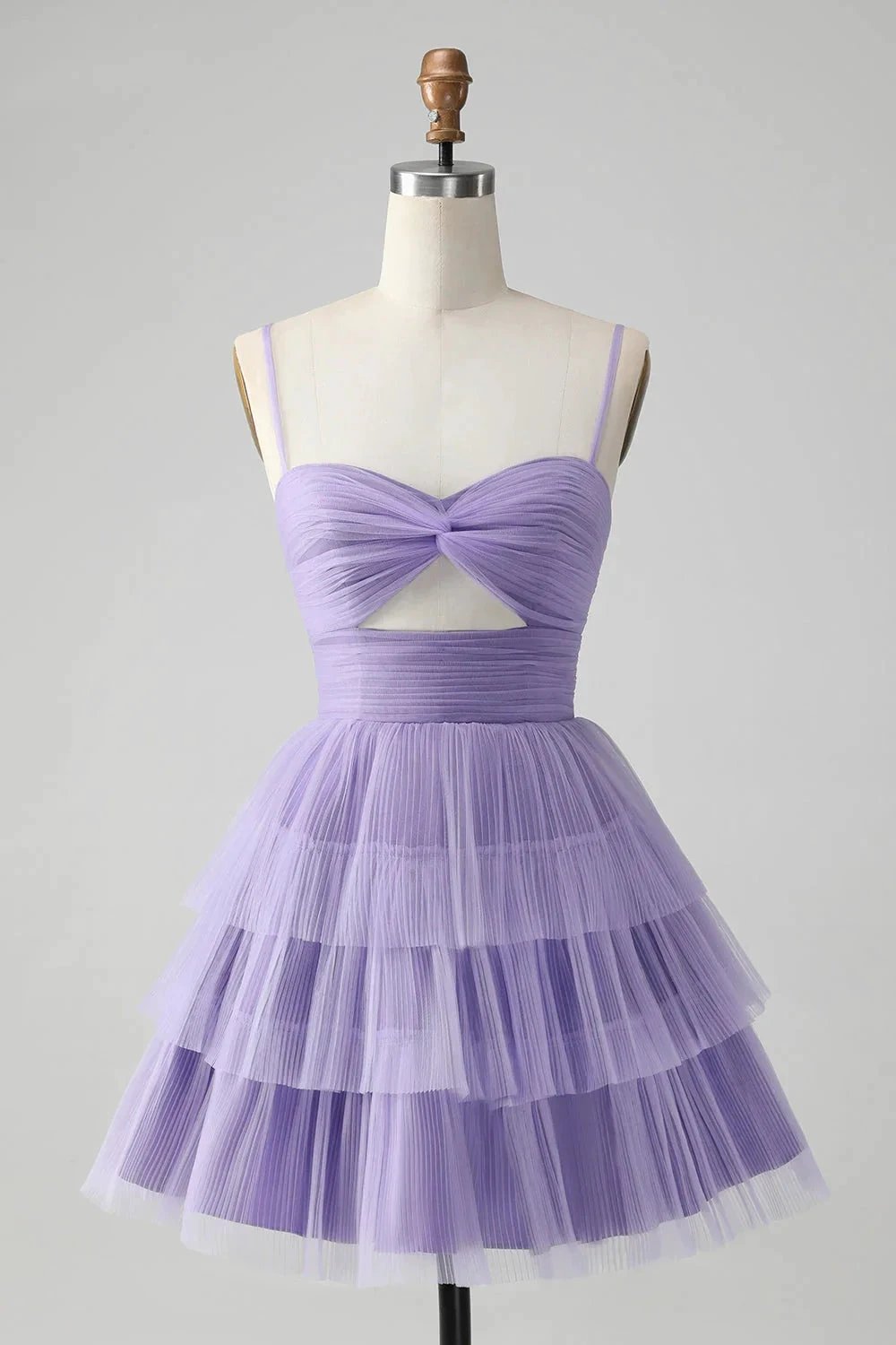 Cute Purple A Line Spaghetti Straps Short Tiered Homecoming Dress with Hollow Out by WEDTREND