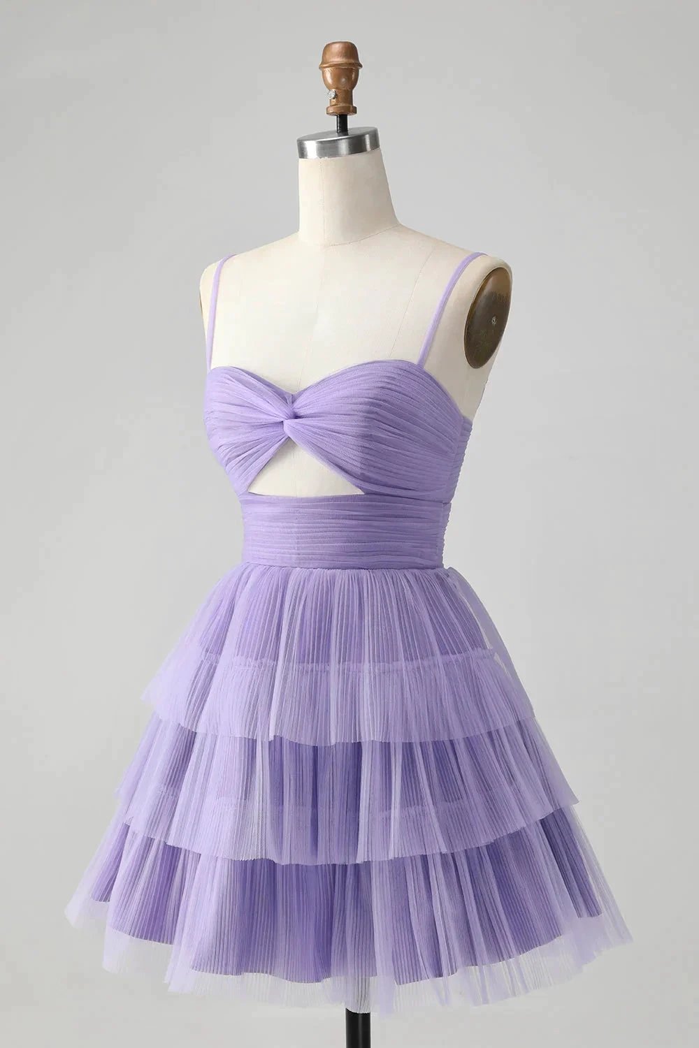 Cute Purple A Line Spaghetti Straps Short Tiered Homecoming Dress with Hollow Out (ZD11438)
