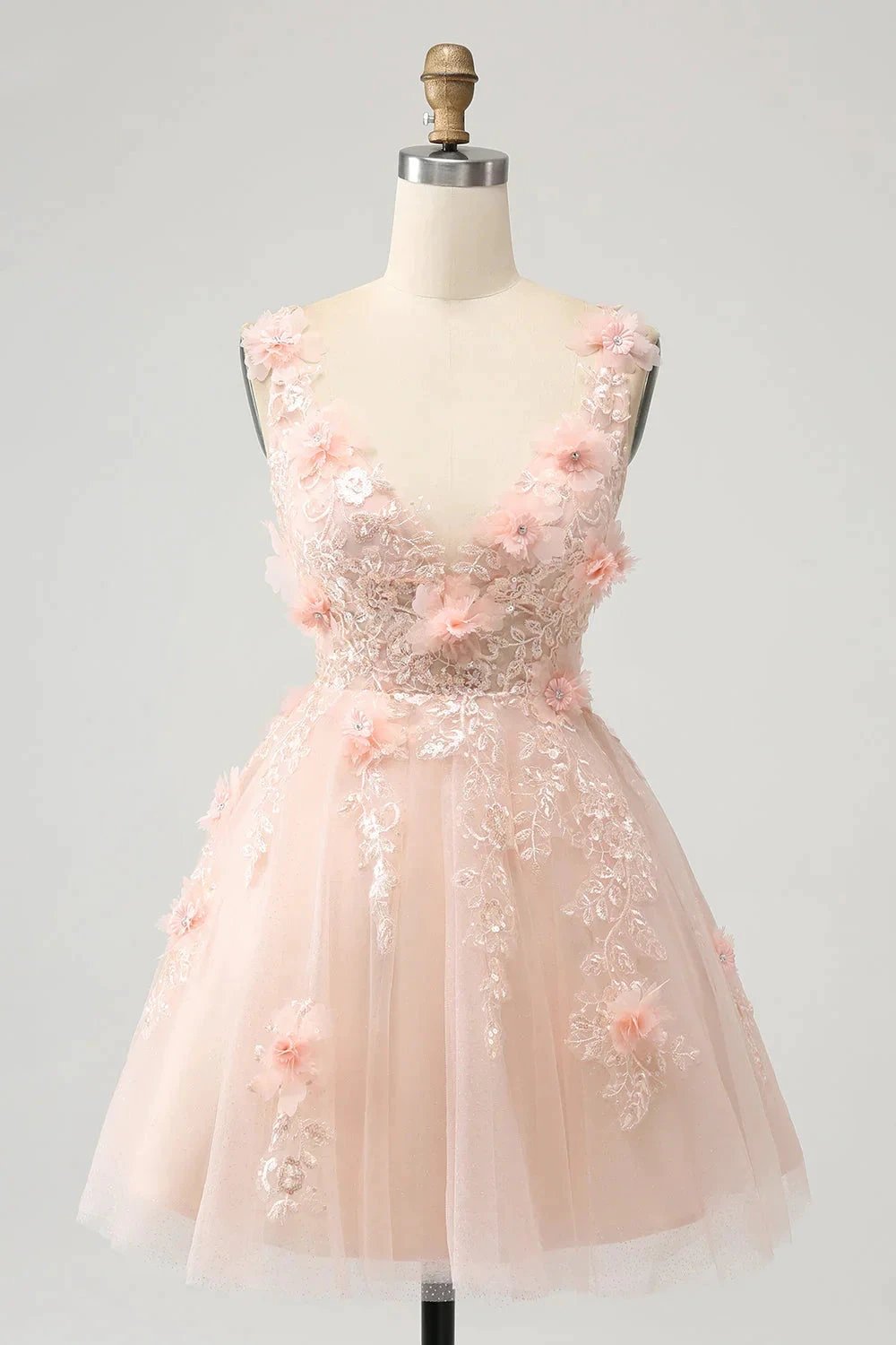 Cute Blush A Line V Neck Sequin Corset Short Homecoming Dress with Appliques by WEDTREND