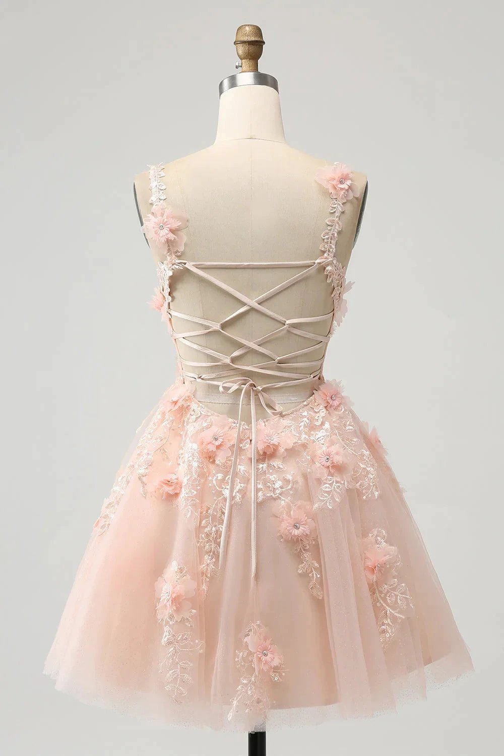 Cute Blush A Line V Neck Sequin Corset Short Homecoming Dress with Appliques (ZD11472)