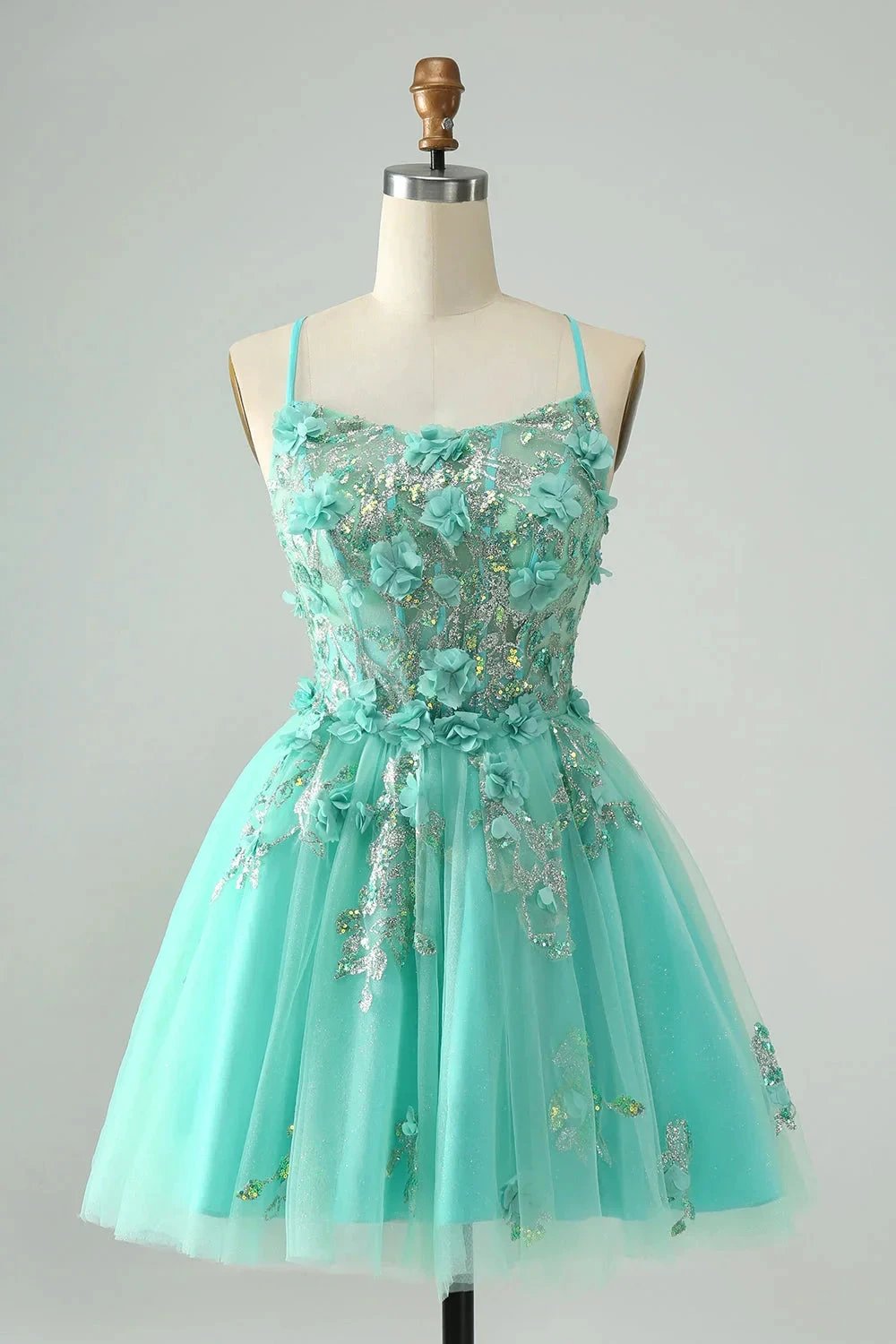 Cute Green A Line Spaghetti Straps Corset Short Homecoming Dress with Appliques by WEDTREND