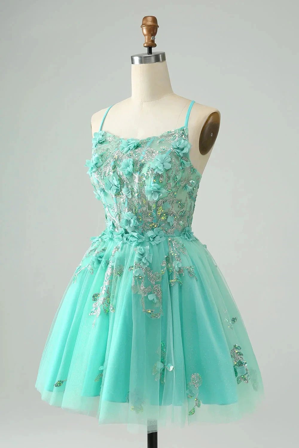 Cute Green A Line Spaghetti Straps Corset Short Homecoming Dress with Appliques (ZD11464)