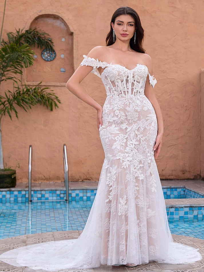 Gorgeous Off the Shoulder Applique Mermaid Maxi Wedding Dress