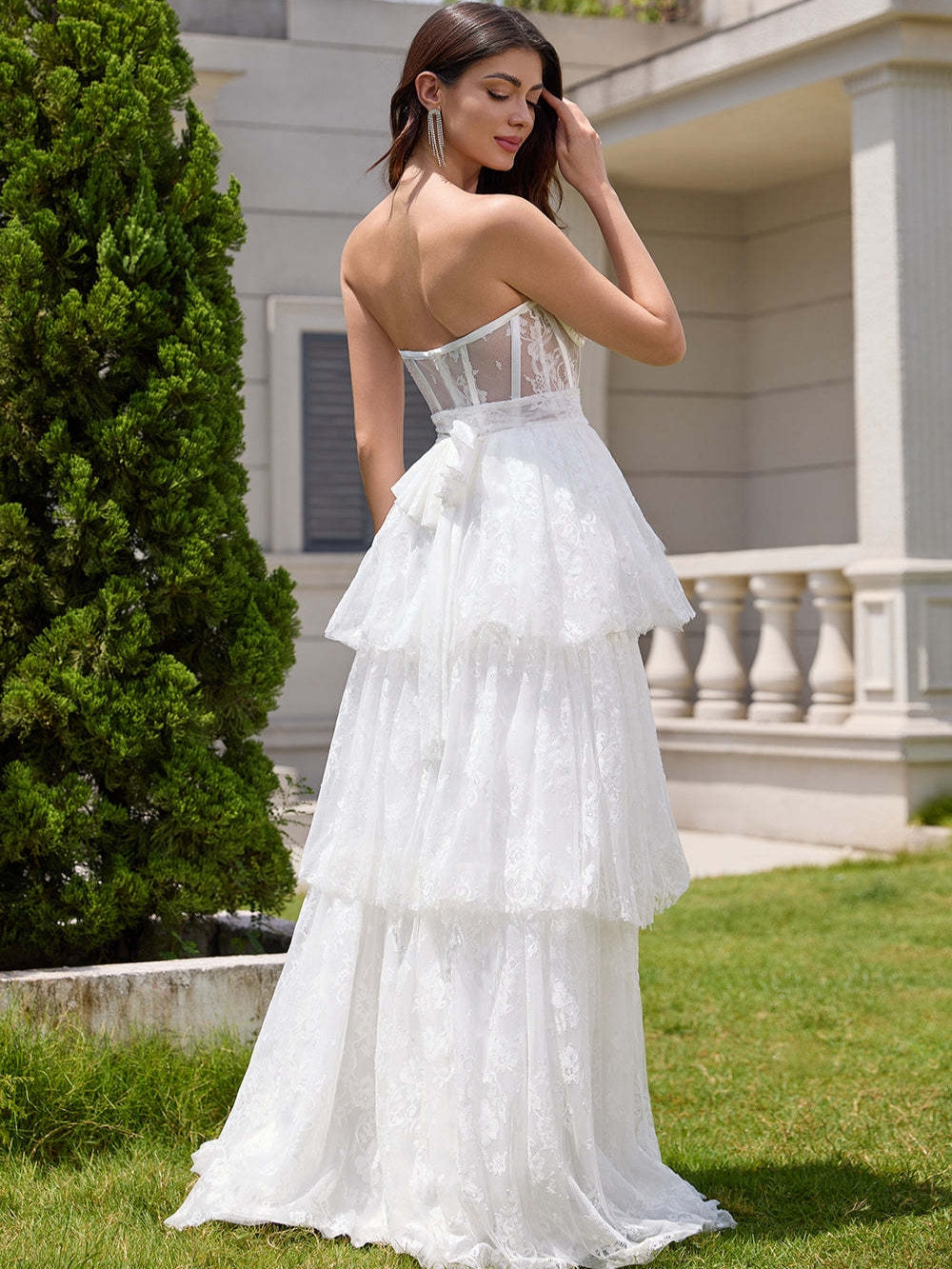 White Strapless Corset Tiered Lace Wedding Dress with Sash